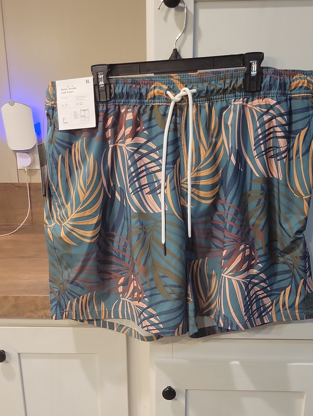 Goodfellow & Co Teal Tropical Leaf Swim Trunks with White Drawstring